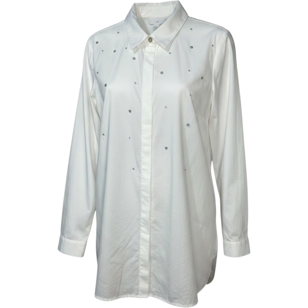 J.Jill Womens White Rhinestone Embellished Long Sleeve Button Down Blouse Small